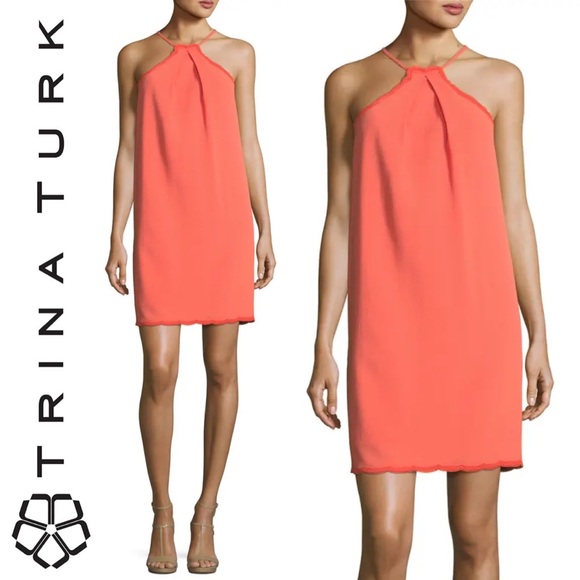 Trina Turk Scalloped Halter Mini Dress Coral Orange Crape Size 12 Spring Summer - Picture 3 of 16